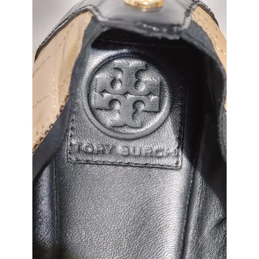 Tory Burch Bridgette Beige Patent Leather Quilted Scrunch Ballet Flat Shoes 9M